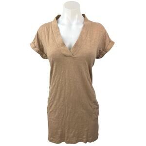 Bobi Brown Tan V-Neck Cuffed Sleeve Pockets Casual Mini Shift T Shirt Dress XS